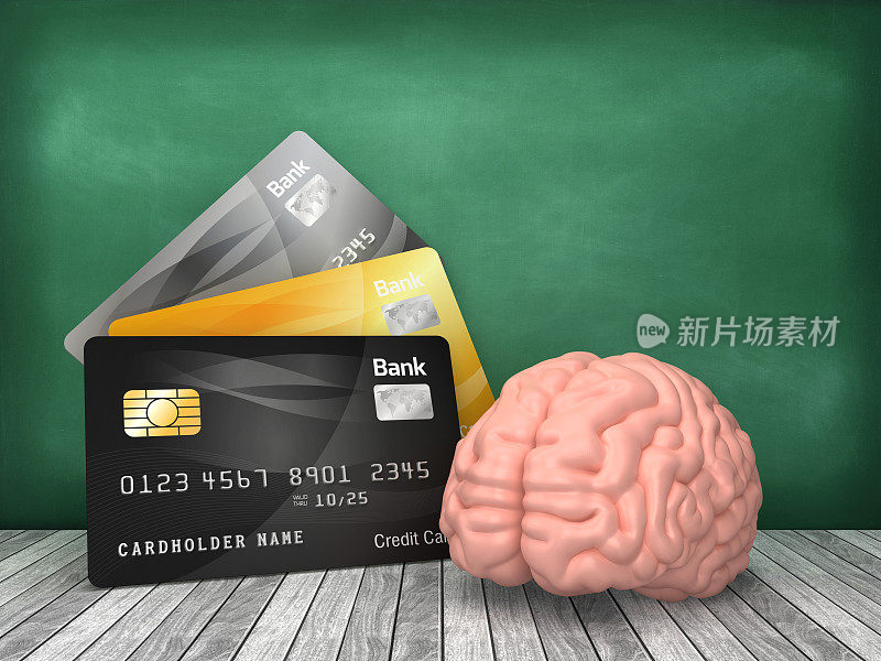 信用卡与大脑在黑板上- 3D渲染